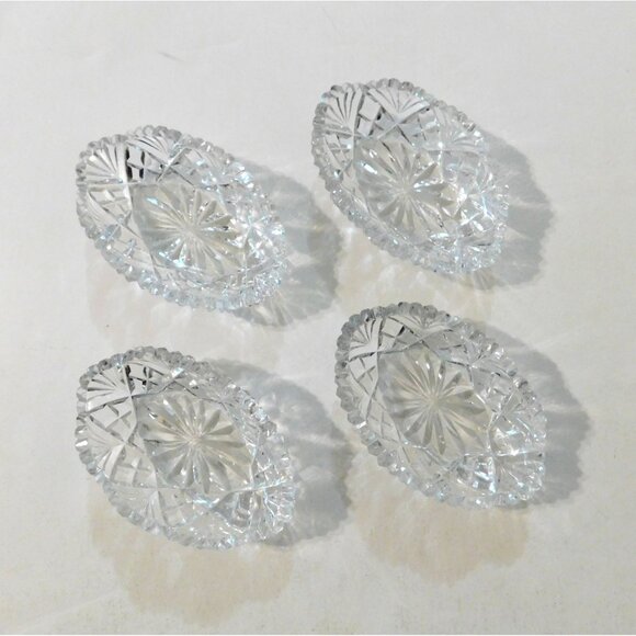 4 Vintage Salt Cellars Cut Glass Oval Sawtooth Rim Intricate Starburst Design - Picture 8 of 9